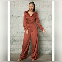 Melrose With Love 2piece Matte Satin Set, Sz L, Nwt Chic Orange Party Sets, Chic Orange Party Set, Orange Long Sleeve Party Sets, Long Wide Pants, Satin Bodysuit, Satin Set, Bodysuit Top, Satin Pants, Matte Satin