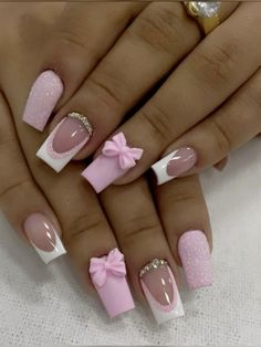 Nail Design Accessories, Pink Glitter Nails With Flowers, Short Pink Sets Nails, Bright Flower Nail Designs, Girly Birthday Nails, Pink Gel X Nail Designs, Cute Pink Nails Design Girly, Barbie Pink French Tip Nails, Nail Ideas Pink French Tip