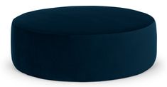 a round blue ottoman sitting on top of a white floor