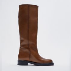 Nwt. Zara Brown Low Heeled Leather Knee High Boots. Leather Upper With Seam Details. Rounded Toe. Heel Height: 1.7 Inches (4.2 Cm). Size 8. Ref. 1005/710. Sh 27 Classic Leather Boots Medium Width, Brown Leather Heeled Boots With Flat Heel, Classic Leather Heeled Boots With Round Toe, Brown Flat Heel Boots For Office, Leather Low Heel Boots For Office, Office Leather Heeled Boots With Low Heel, Classic Leather Knee-high Boots Medium Width, Classic Round Toe Heeled Boots For Work, Classic Leather Heeled Boots Medium Width