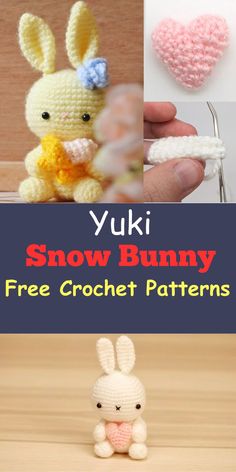 there is a crochet bunny with a bow on its head and the words yuki snow bunny free crochet patterns below it