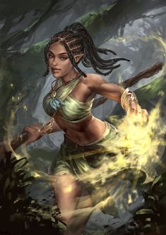 a woman with dreadlocks holding a baseball bat in her right hand and fire coming from her left arm