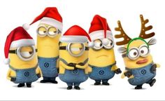 several minion characters wearing christmas hats and reindeer antlers in front of white background