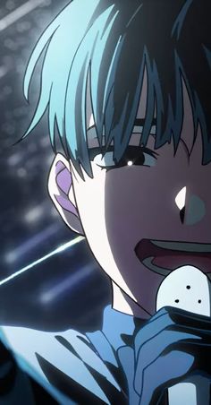 an anime character with blue hair holding a microphone in front of his face and looking at the camera