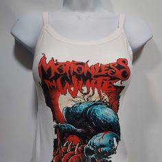 Polyester Cotton Blend Sublimated Ink Slim Fit Tank. If You Run Between Sizes I'd Size Up Motionless In White Shirt, Fitted White Tank Top With Graphic Print, White Fitted Tank T-shirt, Hollister Tank Tops, Sheer Tank Top, Strappy Tank Tops, Motionless In White, Linen Tank, Styles P