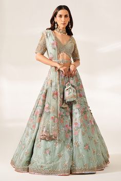 Buy Green Organza Embroidery Sequin V Neck Juliet Floral Bridal Lehenga Set For Women by Studio Iris India Online at Aza Fashions. Organza Floral Lehenga, Lehenga Green, Pastel Lehenga, Model Hairstyles, Engagement Lehenga, Desi Vibes