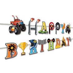 a happy birthday sign with monster trucks and trophies