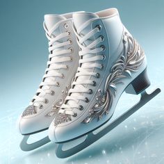 a pair of ice skates with white and silver designs on them, against a blue background