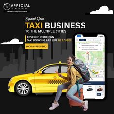 a woman sitting on top of a yellow taxi cab next to a map and cell phone