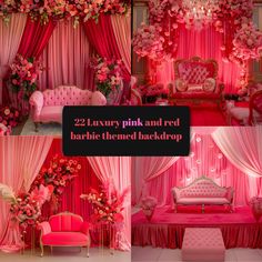 pink and red wedding theme with flowers on the bed, couches, and drapes