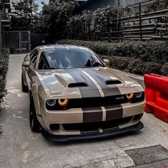 a brown and black striped car parked on the side of a road next to bushes