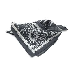 a black and white bandana with an intricate design on the front, sitting against a white background