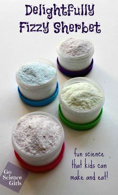 four different colored powdered containers with the words delightfully fizzy sherbet