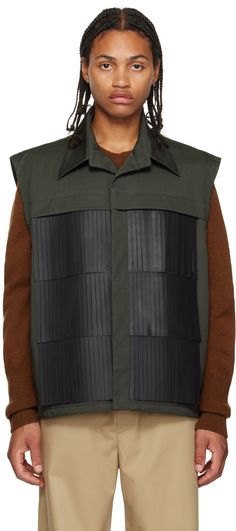 Paneled cotton-blend canvas vest. Rubberized fringe detailing throughout. · Spread collar · Concealed button closure · Box pleat at back yoke · Quilted twill lining Supplier color: Khaki green Canvas Vest, Fringe Vest, Outerwear Vest, Box Pleats, Khaki Green, Color Khaki, Apparel Accessories, Women Wear, Cotton Blend