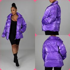 This Shine Bomber Jacket Features, A Non-Stretch Fabric, Mock Neckline, Long Sleeves, Side Jackets, Underlined, Finished With Front Zipper Closure. 100% Nylon Hand Wash Cold Water Do Not Bleach Purple Outerwear For Cold Weather In Spring, Casual Purple Puffer Jacket, Purple Puffer Jacket For Winter, Purple Puffer Jacket For Fall, Casual Purple Puffer Jacket With Long Sleeves, Casual Purple Puffer Jacket For Fall, Trendy Purple Outerwear, Purple Long Sleeve Puffer Jacket For Cold Weather, Purple Puffer Jacket For Fall And Cold Weather