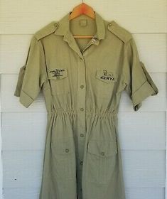 Vintage Safari Outfit, Vintage Cotton Button-up Utility Jacket, Green Button-up Shirt Dress With Pockets, Vintage Button-up Utility Jacket For Outdoor, 1940s Utility Dress, Costume Disney, Safari Adventure, Thrift Fashion, Movie Props