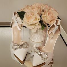 High Heel Sandals, For Wedding Or Office White Color Size 7 Elegant Open Toe Bridal Party Accessories, Elegant Summer Bridal Accessories For Bridal Shower, Summer Wedding Shoes With 4-inch Heel, Elegant Ankle Strap Wedding Shoes For Bridal Shower, Chic Ankle Strap Wedding Shoes, Chic Wedding Shoes With Ankle Strap, Embellished Summer Wedding Heels, Summer Wedding Embellished Heels, Ankle Strap Heels With Rhinestones For Wedding