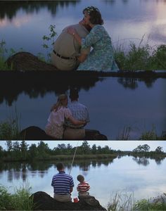 two people sitting on rocks near water and one is holding a fishing rod while the other holds a fish