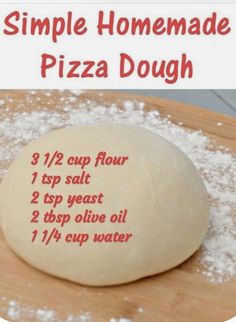 a pizza dough sitting on top of a wooden cutting board with instructions to make it