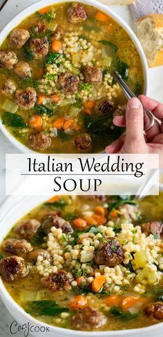 italian wedding soup in a white bowl with bread on the side and hands holding a spoon