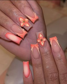 Hawaii Nails Orange, Fire Acrylic Nails, Nails For Hawaii, Hawaii Nail Designs, Hibiscus Flower Nails, Lilly Nails, Nail Info, Gel Nails Shape, Europe Nails