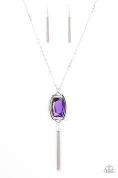 Encased in an antiqued silver frame, an oversized purple gem swings from the bottom of an ornate silver chain. A shimmery silver chain tassel swings from the bottom of the sparkly pendant, creating a regal talisman. Features an adjustable clasp closure.

Sold as one individual necklace. Includes one pair of matching earrings. Purple Gems, Purple Necklace, Gem Necklace, Paparazzi Accessories, Affordable Jewelry, Paparazzi Jewelry, Rhinestone Necklace, Silver Frame, Necklace Earring Set