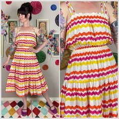 D E T A I L S A Vibrantly Colored 70s Sundress With A Fun Zigzag Print! Designed With Double Spaghetti Straps That Have Adjustable Buttons, Elasticated Bodice With A Smocked Waist And Tiered Ruffled Full Skirt. Classic Fit And Flare Silhouette. Comes In White With Orange, Pink And Yellow Stripes. No Material Tag But Feels Like A Very Lightweight, Semi Sheer Cotton. Brand De Weese Designs California, Swim And Sun Fashions Tagged Size Large But Please Refer To Measurements In Photos And Note It Ha White Retro Beach Dress, Retro White Beach Dress, Retro White Maxi Dress For Spring, Retro Ruffled Midi Dress For Summer, Retro Summer Midi Dress With Ruffles, Retro Multicolor Midi Dress For Beach, Retro Multicolor Midi Beach Dress, Retro Multicolor Maxi Dress For Spring, Retro Multicolor Maxi Dress For Summer