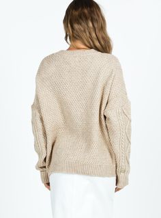 Sweater  Cable knit material, drop shoulder    Good stretch, unlined   52% acrylic 28% nylon 20% polyester  Cold gentle machine wash Beige Textured Knit V-neck Sweater, Beige Knit V-neck Sweater, Oversized Beige Knitted V-neck Sweater, Oversized Textured Knit Top, Cozy Beige Cable Knit V-neck Sweater, Oversized Textured Knit Acrylic Sweater, Beige Textured Knit Sweater, Oversized Neutral Knit Top, Oversized Knit Top In Neutral Color