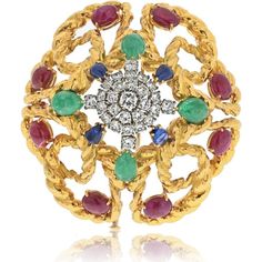 Luxurious David Webb Multigem Brooch with Emeralds, Rubies, and Diamonds - Platinum & 18K Yellow Gold Diamond Multi-stone Brooches In Fine Jewelry Style, Fine Jewelry Diamond Multi-stone Brooch, Fine Jewelry Diamond Multi-stone Brooches, Multi-stone Diamond Brooches, Luxury Multicolor Gemstone Brooches, Elegant Multi-stone Oval Brooch, Elegant Multi-stone Oval Brooches, Elegant Oval Multi-stone Brooches, Luxury Multi-stone Brooches For Anniversary