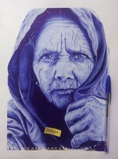 a drawing of an old woman with wrinkles on her face and hands holding a pen