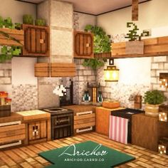 an image of a kitchen that is in minecraft with plants on the counter top