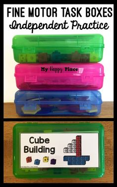 three different colored boxes with the words cube building on them and one has a name tag that says, fine motor task boxes independent practice