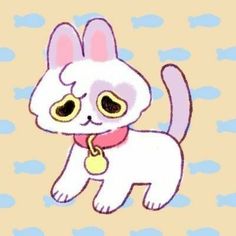 a drawing of a white cat with yellow eyes and a pink collar on it's neck