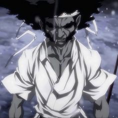 an anime character standing in the snow with his hands on his hips and hair blowing back