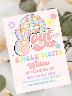 a pink birthday card with an image of a disco ball and the words gay single digits below it