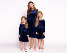 Mommy and me navy blue velvet dresses, Flower girl dress, Mother and daughter dresses, Mother and daughter matching dress, Christmas photoshoot dress for mother and daughter, dresses for girls, dresses for kids You can find the pictures of ALL OTHER DRESSES & COLORS in our catalog on ETSY here: https://www.etsy.com/shop/ENMEstyle?ref=simple-shop-header-name&listing_id=1113727397&section_id=36136380 Dresses made from a beautiful velvet and features a bow belt. High quality stretch velvet fabric t Blue Velvet Dresses, Dress Mother And Daughter, Mother And Daughter Dresses, Dresses Photoshoot, Velvet Dresses Outfit, Blue Velvet Gown, Navy Blue Velvet Dress, Dress For Mother, Dresses Colors