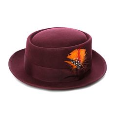 Burgundy Wool Pork Pie Hat Classic Boater Hat With Flat Brim For Fall, Fitted Fall Boater Hat With Short Brim, Fall Flat Brim Top Hat, Fitted Boater Hat With Short Brim For Fall, Classic Adjustable Hats For Fall, Classic Adjustable Hat For Fall, Classic Curved Brim Hat For Fall, Fitted Flat Brim Felt Hat For Fall, Fitted Flat Crown Fedora For Fall