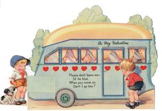 two children standing in front of a blue bus with hearts on it's side