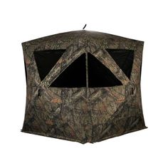 an image of a hunting blind with the top open and two sides closed to show it's camouflage print