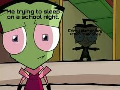 a cartoon character with the caption'me trying to sleep on a school night '