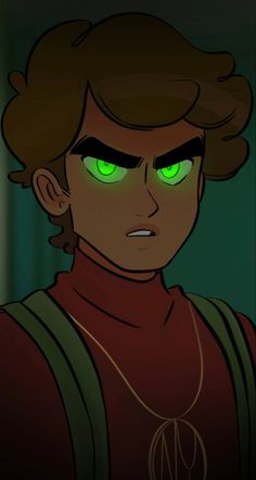 an animated character with glowing green eyes