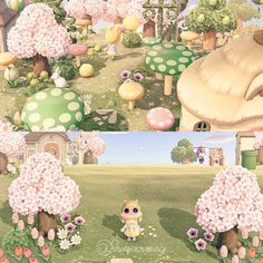 an image of a cartoon scene with mushrooms and flowers