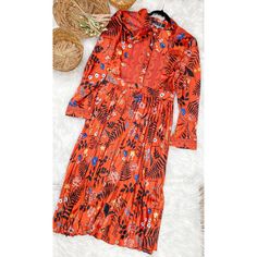 Dalia Macphee Tie Neck Floral Printed Pleated Orange Fall Dress Medium Nwt. Size Medium New With Tags 575 Orange Silk Dress With Floral Print, Orange Floral Print Casual Midi Dress, Orange Fall Dress, Striped Jersey Dress, Purple Corset, Turtleneck Midi Dress, Blue Skater Dress, London Dress, Queen Dress