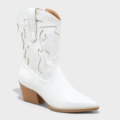 White faux-leather Daytona Western Booties from Wild Fable™ embellished with a decorative cut-out pattern and stitched detailing. Set on a 2.25-inch block heel with a textured brown outsole. Designed with an ankle height, pointed closed toe, side zippered fastening and a curved topline with side tabs. Memory foam insoles provide all-day comfort. If you’re not satisfied with any Target Owned Brand item, return it within one year with a receipt for an exchange or a refund. Wild Fable™: A look for Western Dress With Boots, Beach Socks, White Cowboy Boots, Western Style Boots, Chunky Heel Ankle Boots, Trendy Boots, Shoes Boots Ankle, Rubber Boot, Western Booties