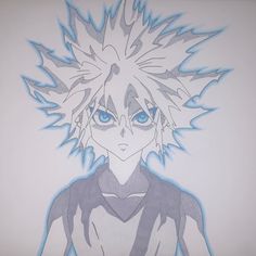 a drawing of an anime character with blue eyes and white hair is shown in this image