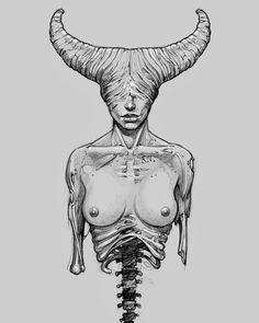 a drawing of a woman with horns on her head and chest, in black and white