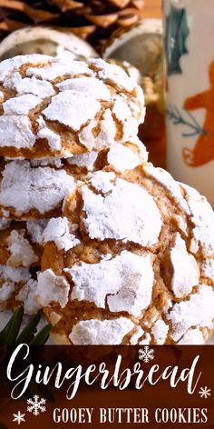 gingerbread gooey butter cookies stacked on top of each other with the title overlay