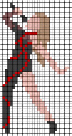 a cross stitch pattern with a woman in black and red