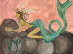 a painting of a woman sitting on rocks with her arms outstretched and legs spread out