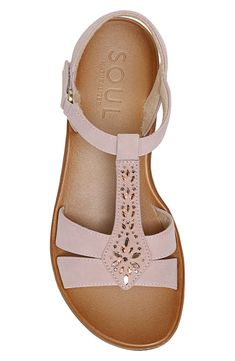 Sparkly embellishment textures the T-strap of this versatile sandal that's always comfortable. Adjustable ankle strap with hook-and-loop closure Cushioned insole Synthetic upper, lining and sole Imported Embellished T-strap Sandals For Summer, Wide Width Sandals, T Strap Sandals, T Strap, Strap Sandals, Nordstrom Rack, Ankle Strap, Nordstrom, Size 6